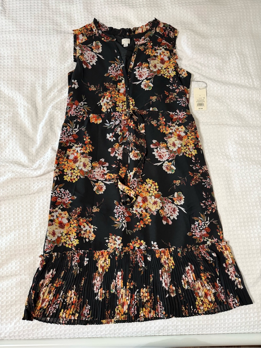 a new day Black Floral Tie-Waist Pleated Hem Dress
